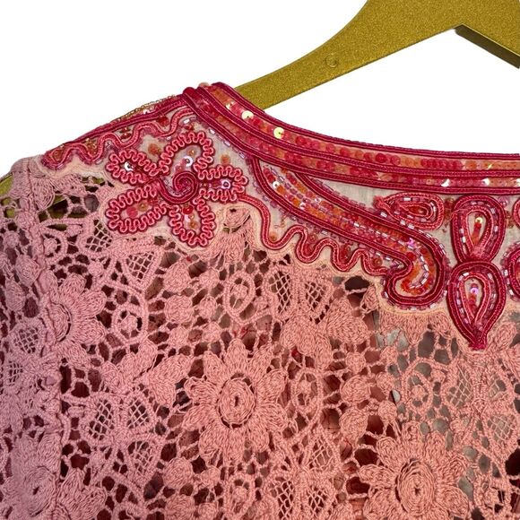 Calypso St. Barth Floral Crochet Tunic Top Size S Embroidered Sequins Tasseled - Picture 11 of 16